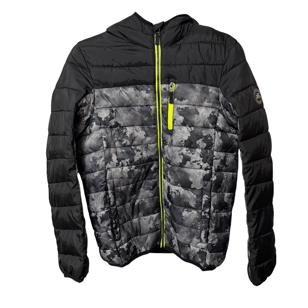 ZeroXposur Boys XL 14/16 Puffer Jacket Black Gray Camo Neon Yellow Hooded Zip